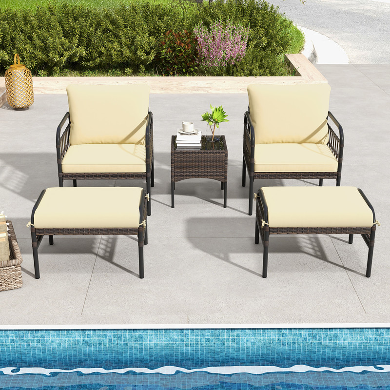 5Piece Patio Conversation Set With 2 Ottomans  Coffee Table PE Rattan Outdoor Furniture With Cushio 1