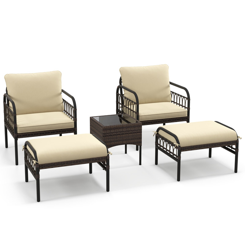 5Piece Patio Conversation Set With 2 Ottomans  Coffee Table PE Rattan Outdoor Furniture With Cushio 7
