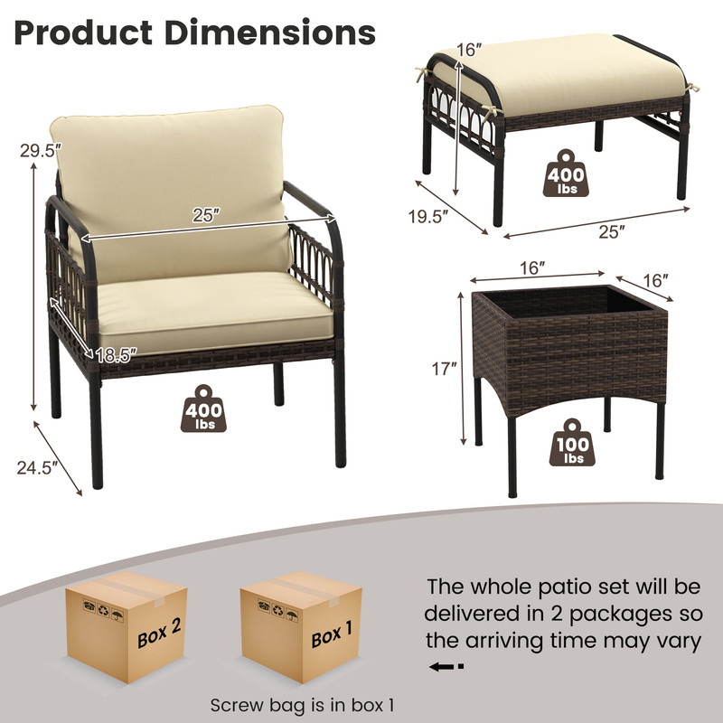 5Piece Patio Conversation Set With 2 Ottomans  Coffee Table PE Rattan Outdoor Furniture With Cushio 5