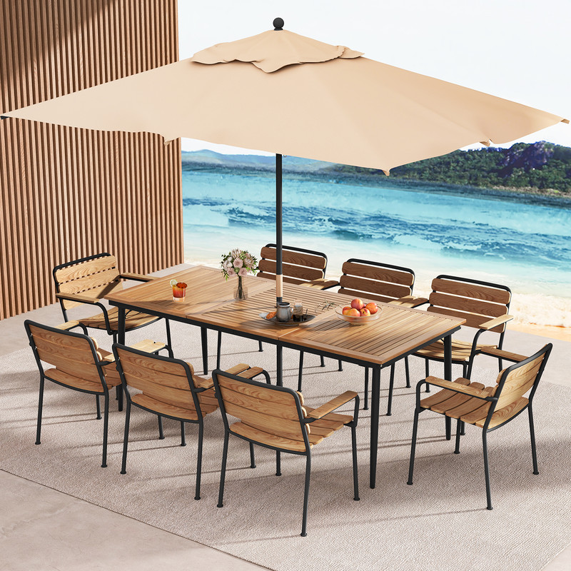 79Inch Acacia Wood Outdoor Dining Table For 8 WeatherResistant Garden Furniture With 19 Umbrella Ho 5