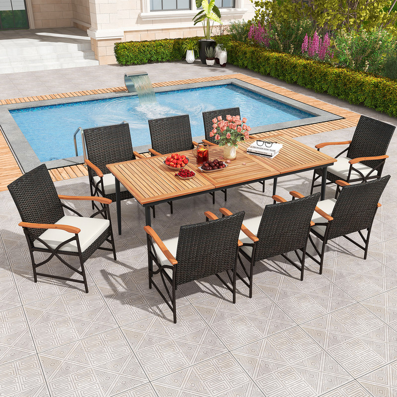 79-Inch Outdoor Dining Set with Acacia Wood Table & 8 Rattan-Woven Chairs Weather-Resistant Patio Furniture