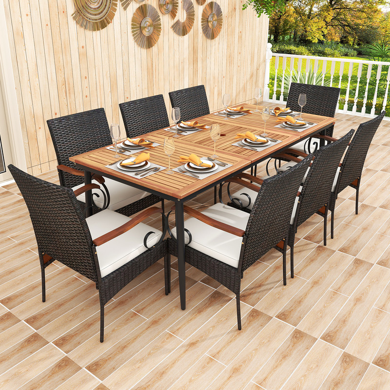 79" Outdoor Dining Set with Acacia Wood Table & 8 Rattan-Woven Chairs – Weather-Resistant Patio Furniture