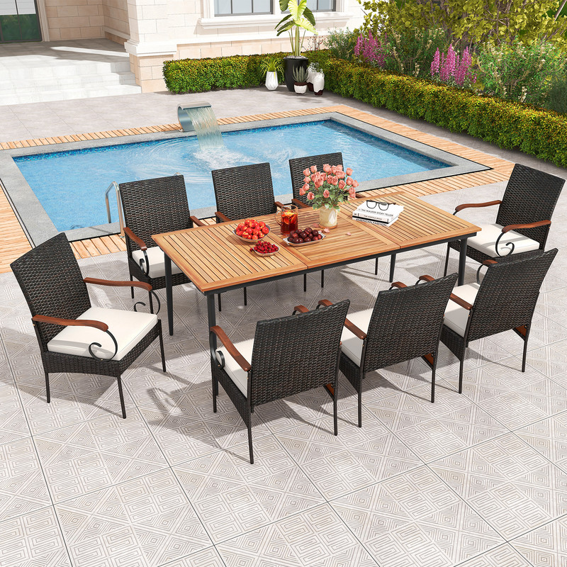 79" Outdoor Dining Set with Acacia Wood Table & 8 Rattan-Woven Chairs – Weather-Resistant Patio Furniture
