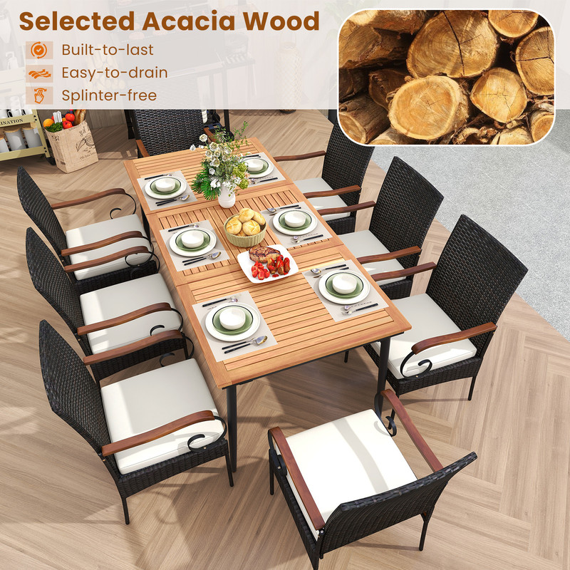 79" Outdoor Dining Set with Acacia Wood Table & 8 Rattan-Woven Chairs – Weather-Resistant Patio Furniture