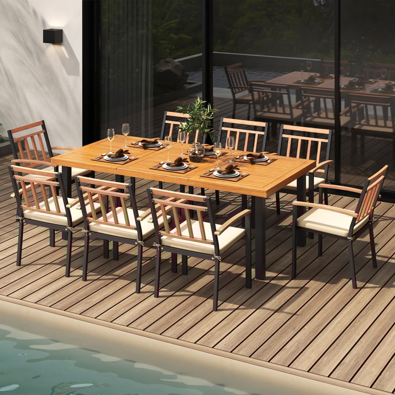 Premium Patio Dining Set With Acacia Wood Table Umbrella Hole Cushioned Chairs For Outdoor Enterta 1