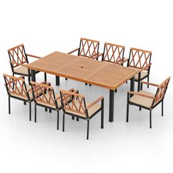outdoor patio dining set, acacia wood table with umbrella hole & wide armchairs, space-saving backyard furniture set