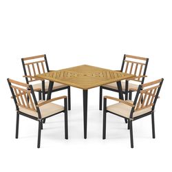 outdoor patio dining set with cushions and umbrella hole, acacia wood table & 4 armchairs for balcony, poolside