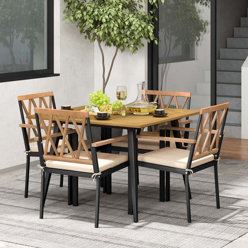 Modern Patio Outdoor Dining Table And Chairs Set With Cushions And Umbrella Hole Acacia Wood Table 2