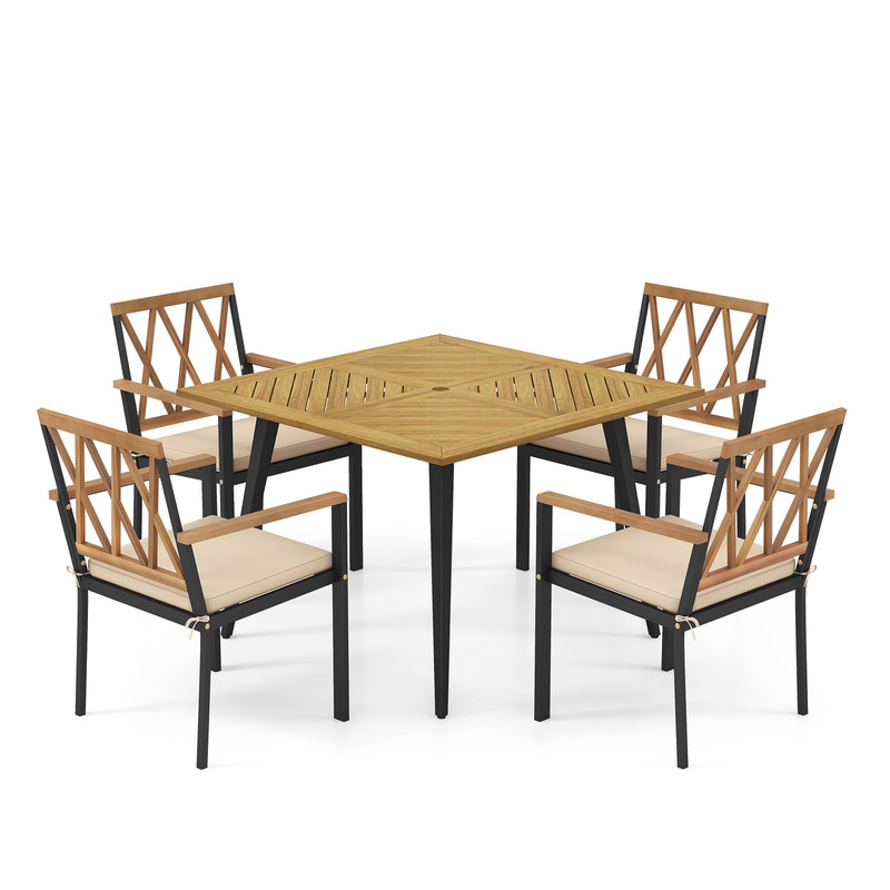 Modern Patio Outdoor Dining Table And Chairs Set With Cushions And Umbrella Hole Acacia Wood Table 0