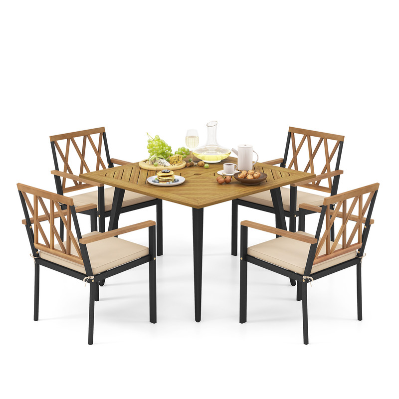 Modern Patio Outdoor Dining Table And Chairs Set With Cushions And Umbrella Hole Acacia Wood Table 5