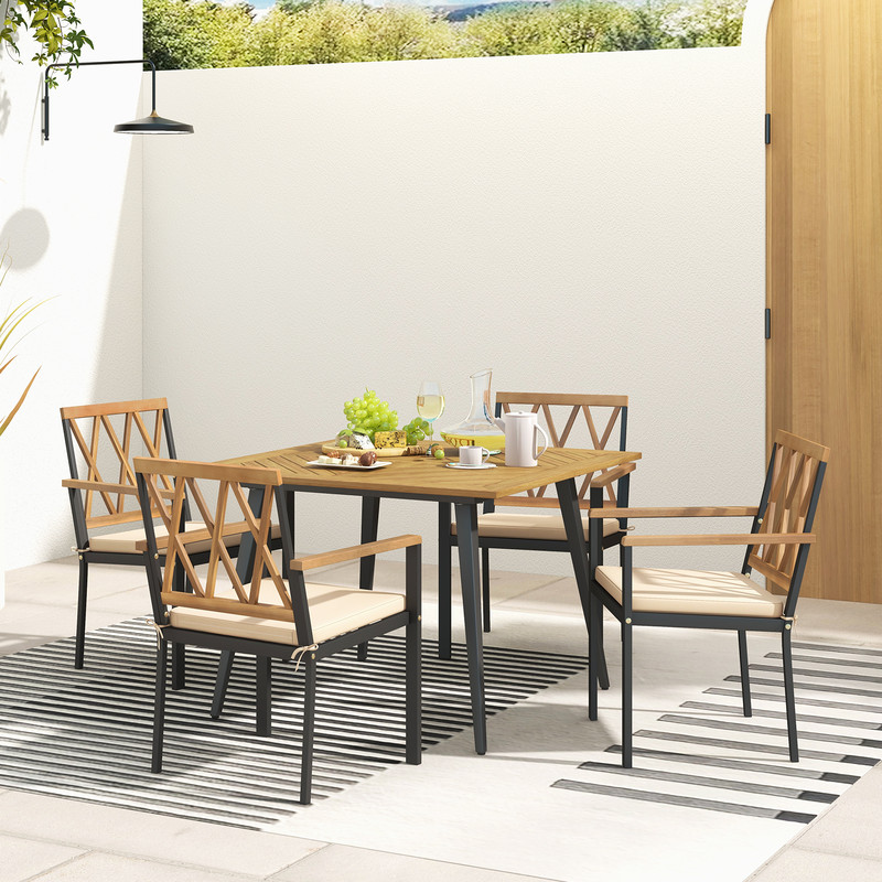 Modern Patio Outdoor Dining Table And Chairs Set With Cushions And Umbrella Hole Acacia Wood Table 3