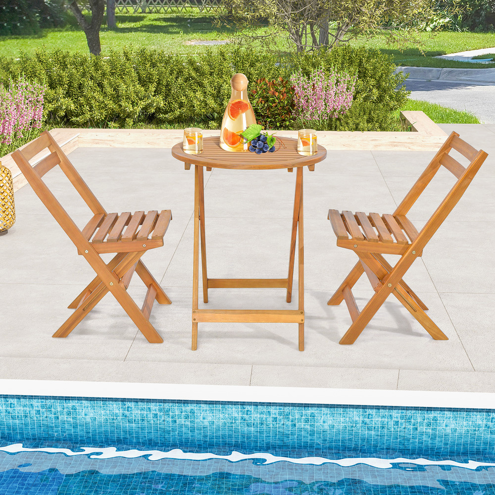Folding Acacia Wood Patio Bistro Set With Slatted Tabletop Compact Outdoor Table And Chair Set For  2