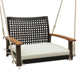 outdoor single rattan porch swing with cushion, acacia wood armrests & hanging ropes, comfortable patio hanging bench