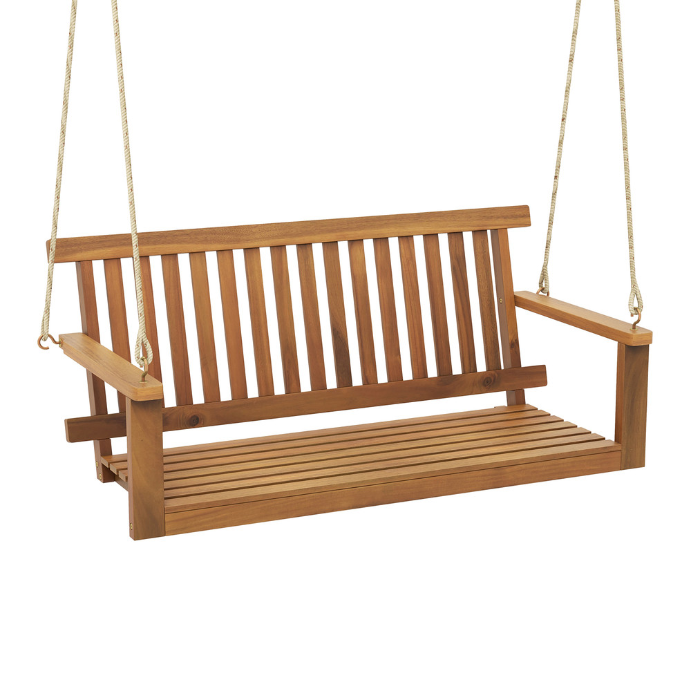 Outdoor Acacia Wood Porch Swing Bench With Durable Hemp Ropes HeavyDuty Hanging Swing For Backyard 0