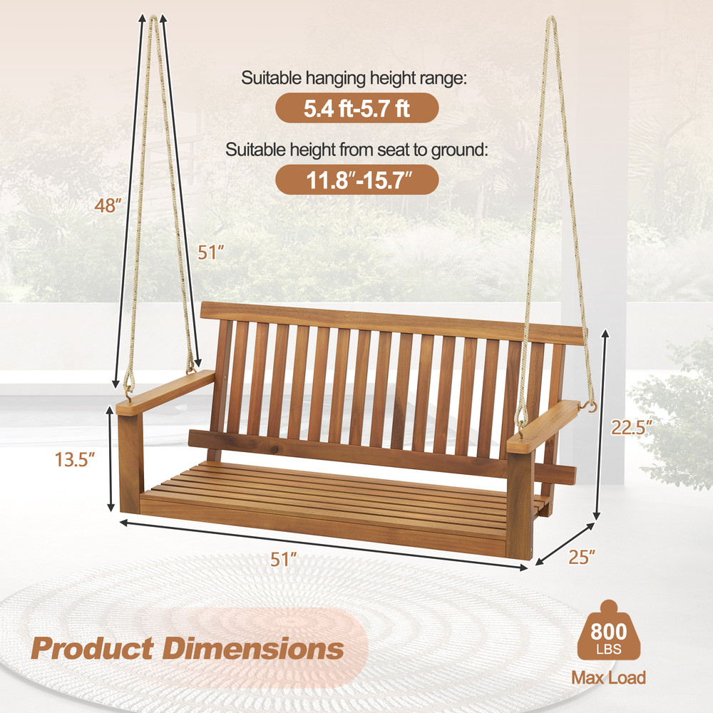 Outdoor Acacia Wood Porch Swing Bench With Durable Hemp Ropes HeavyDuty Hanging Swing For Backyard 7