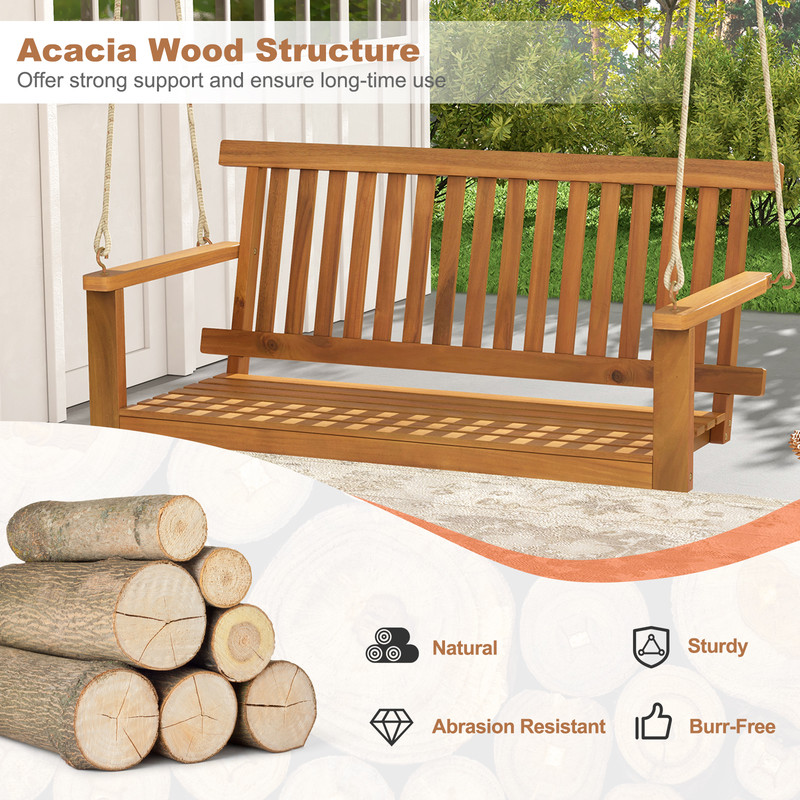 Outdoor Acacia Wood Porch Swing Bench With Durable Hemp Ropes HeavyDuty Hanging Swing For Backyard 4