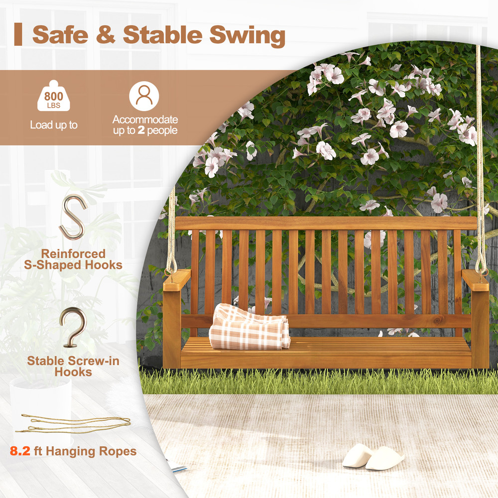 Outdoor Acacia Wood Porch Swing Bench With Durable Hemp Ropes HeavyDuty Hanging Swing For Backyard 5