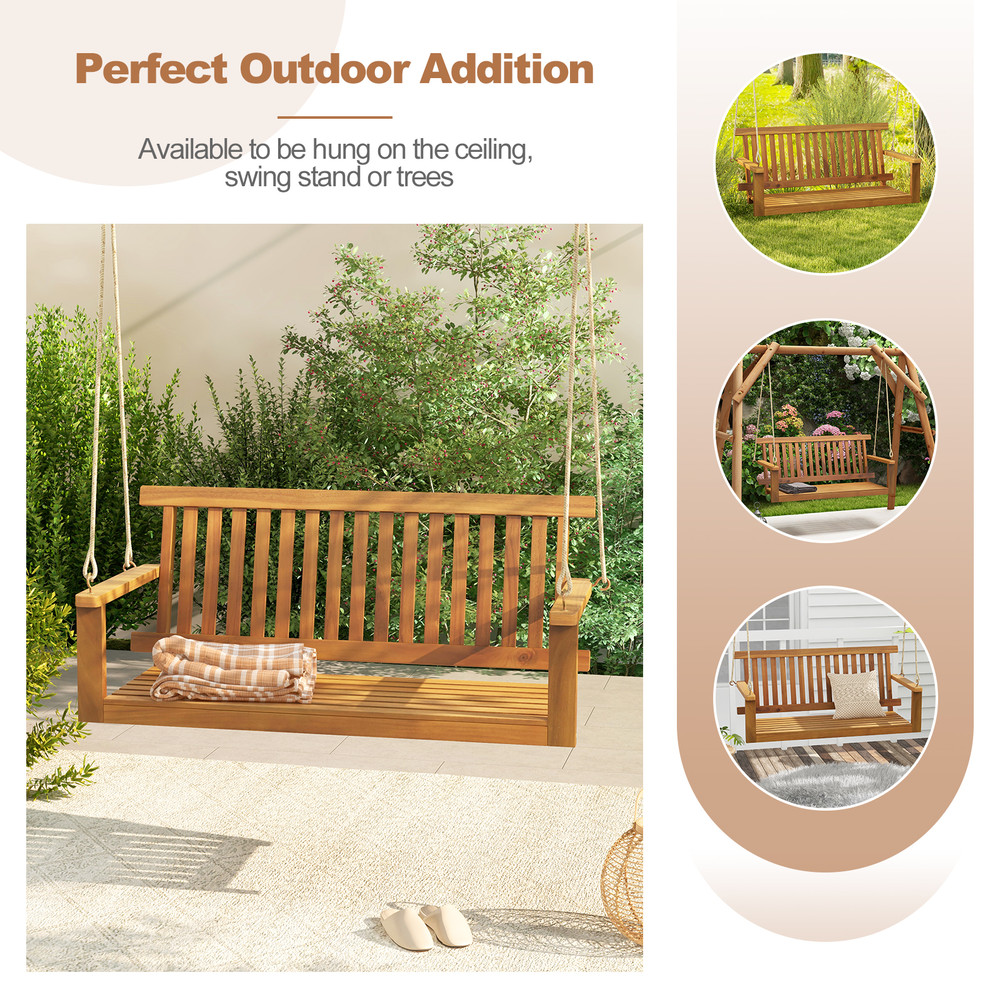 Outdoor Acacia Wood Porch Swing Bench With Durable Hemp Ropes HeavyDuty Hanging Swing For Backyard 6