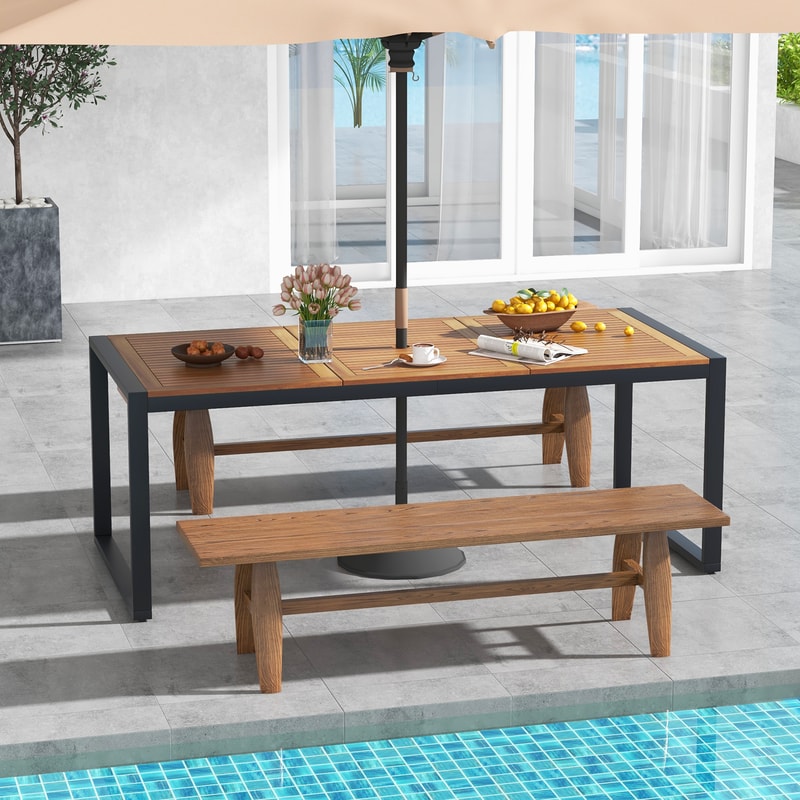 Large Acacia Wood Outdoor Patio Table With Umbrella Hole Farmhouse Style Garden Dining Table For Ba 2