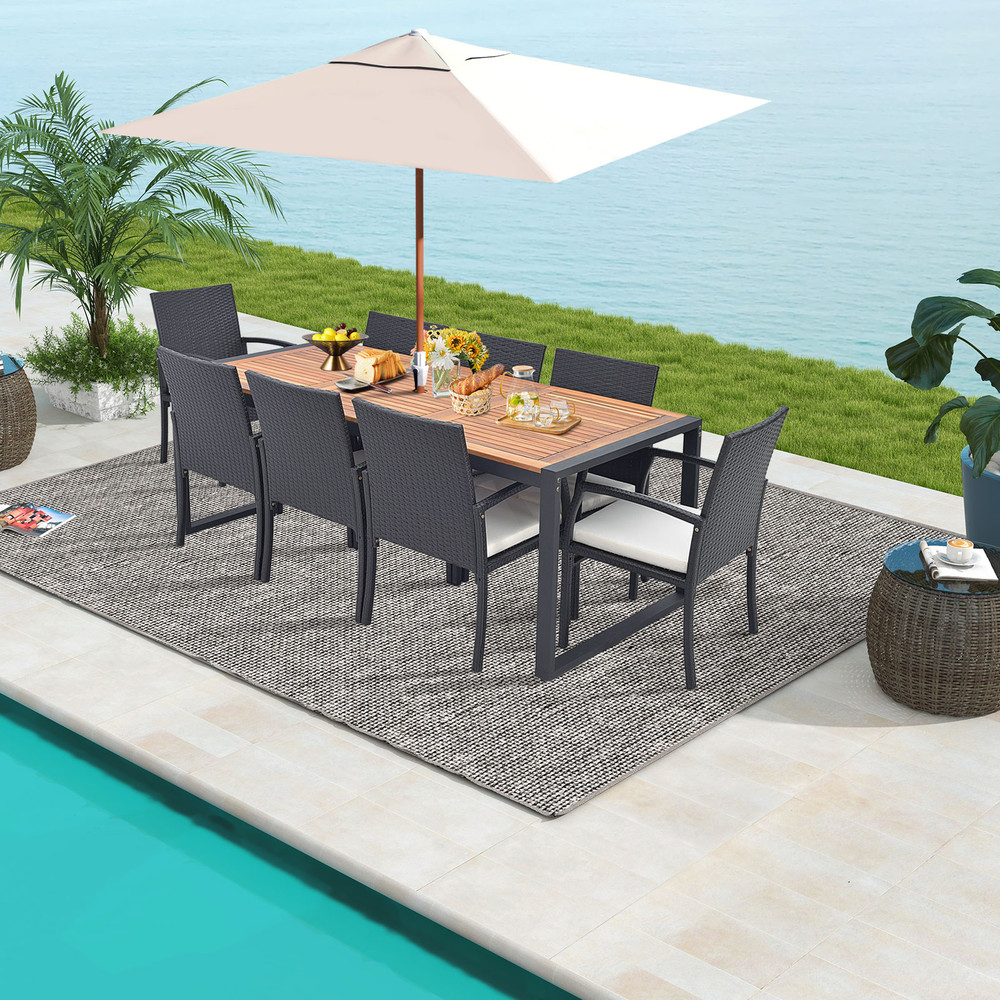 Outdoor Patio Rattan Dining Set With Acacia Wood Table WeatherResistant Furniture For Backyard And  2