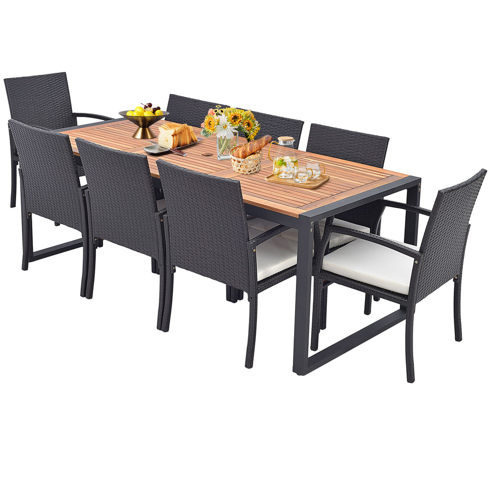 Outdoor Patio Rattan Dining Set With Acacia Wood Table WeatherResistant Furniture For Backyard And  7