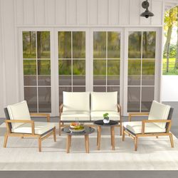 5-piece rattan furniture set, wicker woven sofa set with 2 tempered glass coffee tables for outdoor relaxation