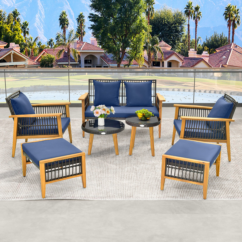 7 Piece Outdoor Conversation Set with Stable Acacia Wood Frame & Cozy Seat & Back Cushions