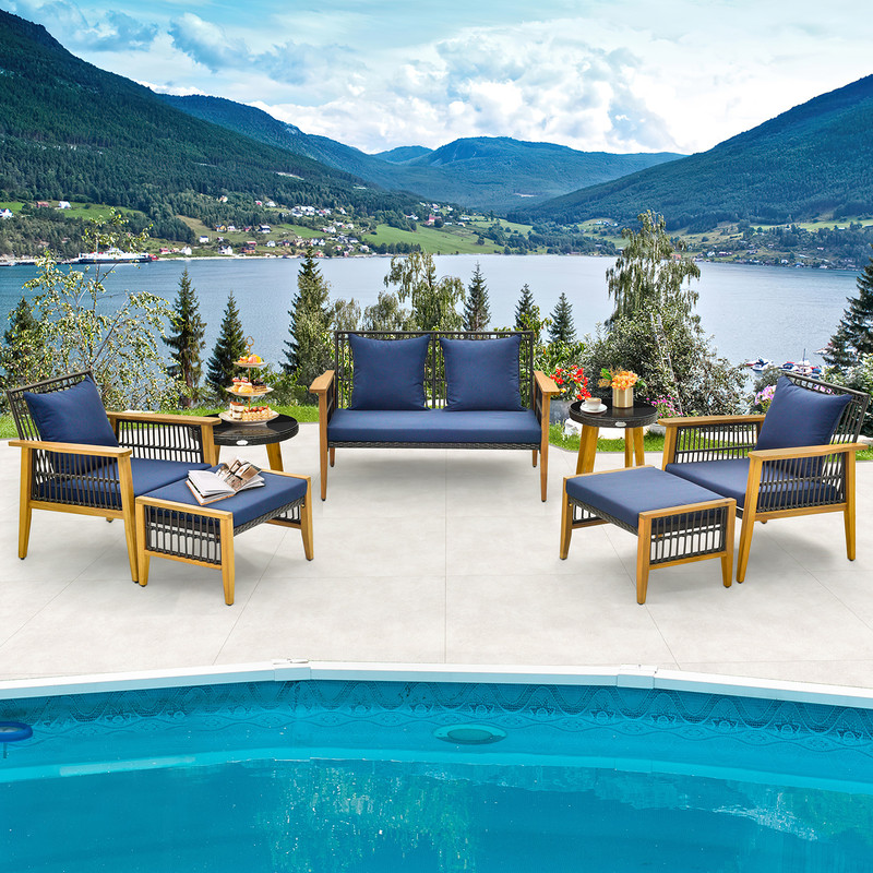 7 Piece Outdoor Conversation Set with Stable Acacia Wood Frame & Cozy Seat & Back Cushions