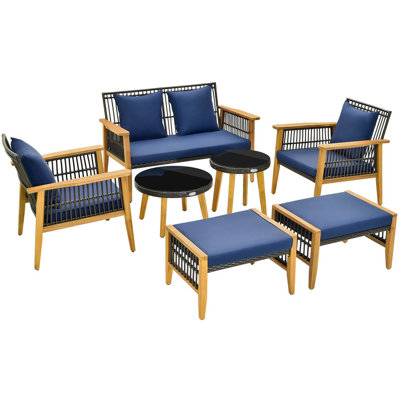 7 Piece Outdoor Conversation Set with Stable Acacia Wood Frame & Cozy Seat & Back Cushions
