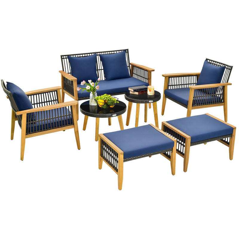 7 Piece Outdoor Conversation Set with Stable Acacia Wood Frame & Cozy Seat & Back Cushions