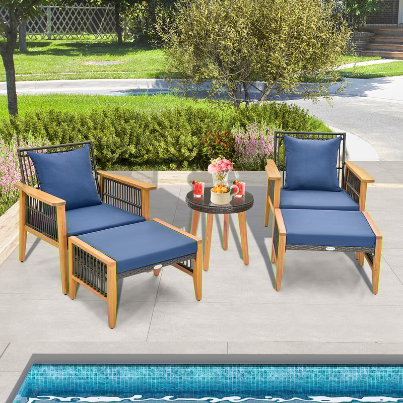 5-Piece Patio Furniture Set with Coffee Table & 2 Ottomans, Acacia Wood & PE Rattan Outdoor Seating