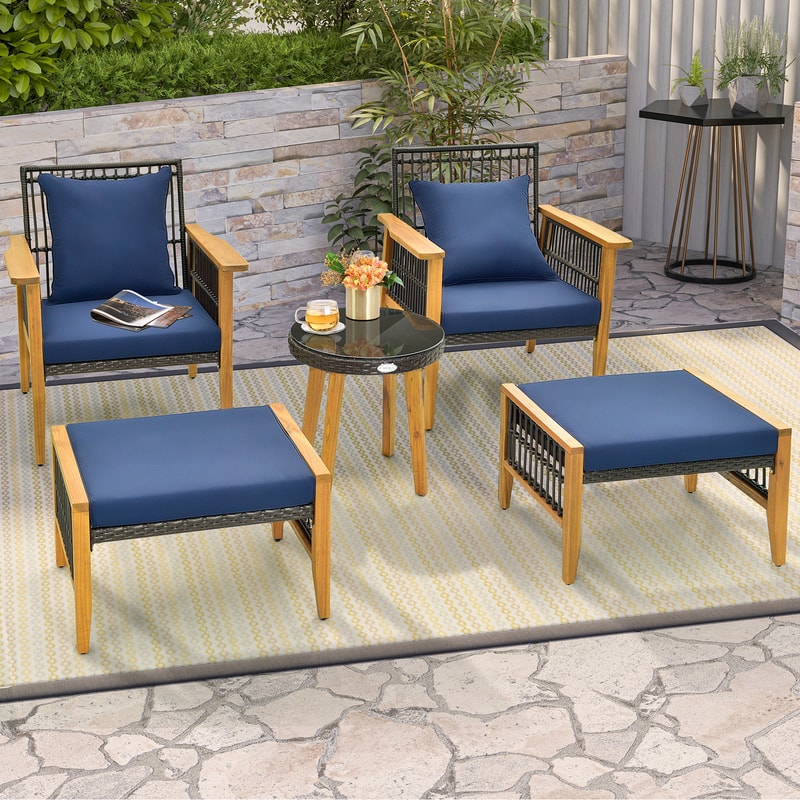 5-Piece Patio Furniture Set with Coffee Table & 2 Ottomans, Acacia Wood & PE Rattan Outdoor Seating
