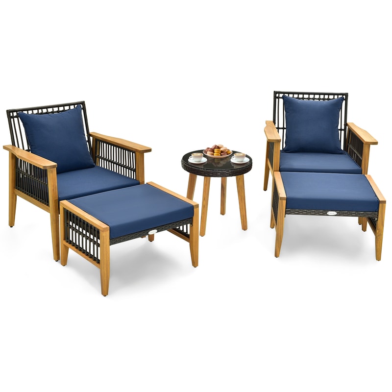 5-Piece Patio Furniture Set with Coffee Table & 2 Ottomans, Acacia Wood & PE Rattan Outdoor Seating