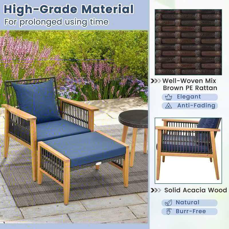 5-Piece Patio Furniture Set with Coffee Table & 2 Ottomans, Acacia Wood & PE Rattan Outdoor Seating