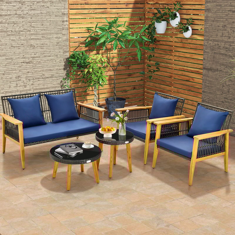 5-Piece Outdoor Conversation Set with 2 Coffee Tables, Acacia Wood Rattan Patio Furniture for Backyard, Poolside Garden