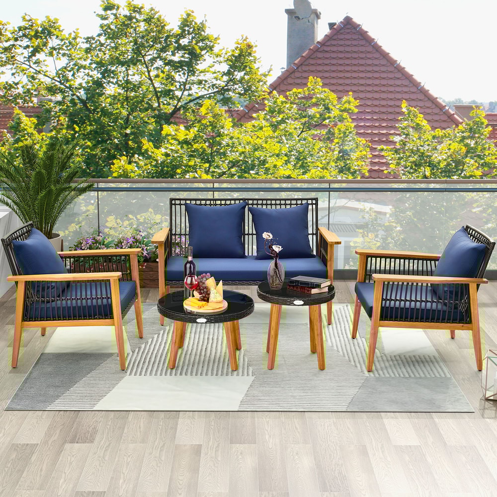 5-Piece Outdoor Conversation Set with 2 Coffee Tables, Acacia Wood Rattan Patio Furniture for Backyard, Poolside Garden