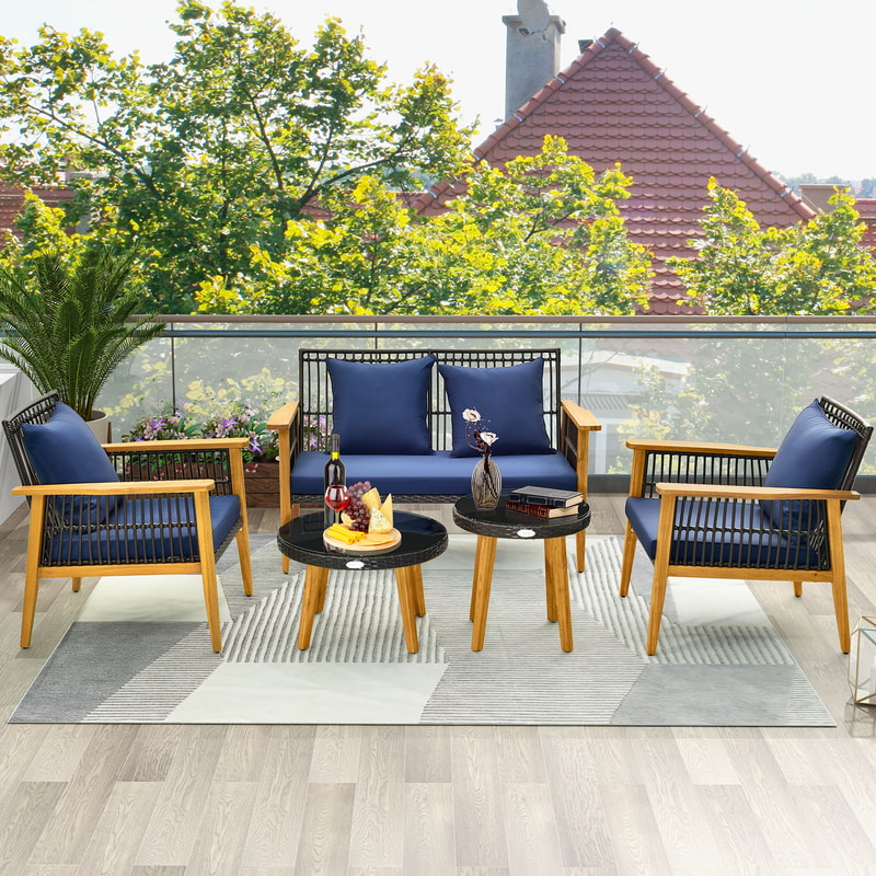 5-Piece Outdoor Conversation Set with 2 Coffee Tables, Acacia Wood Rattan Patio Furniture for Backyard, Poolside Garden