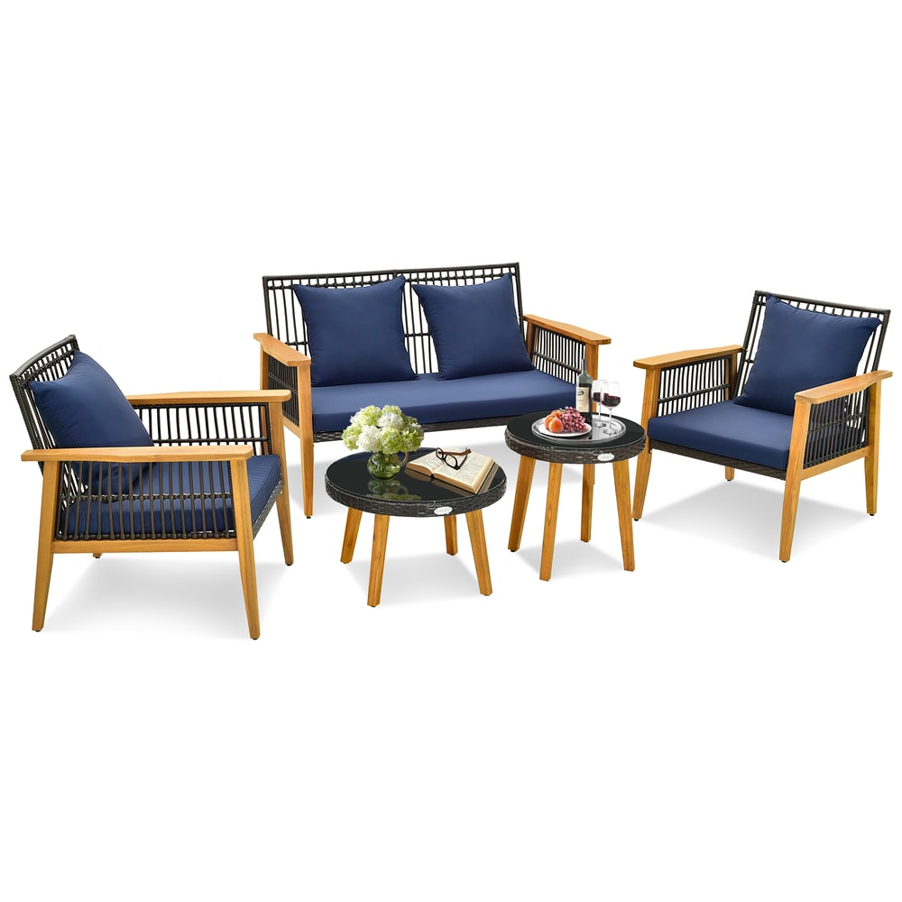 5-Piece Outdoor Conversation Set with 2 Coffee Tables, Acacia Wood Rattan Patio Furniture for Backyard, Poolside Garden