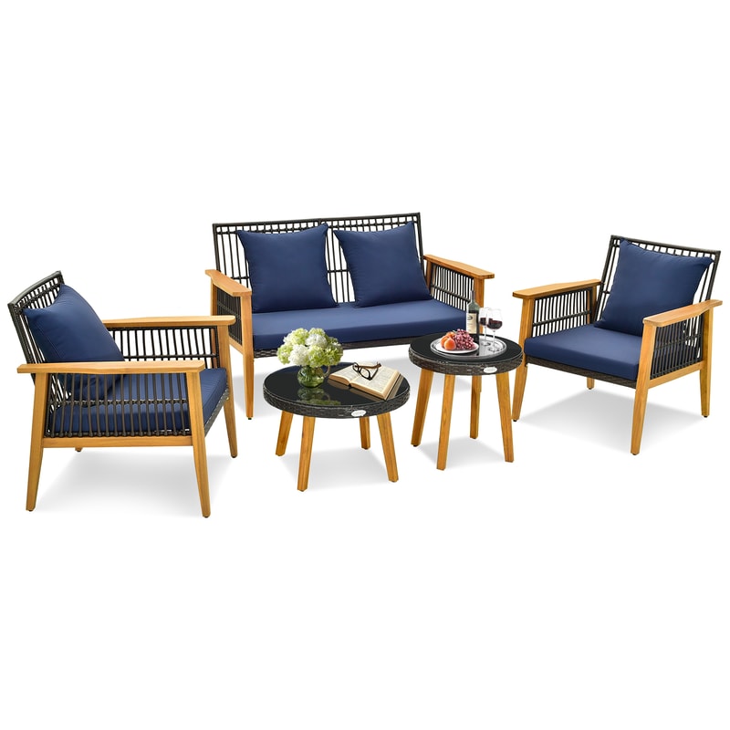 5-Piece Outdoor Conversation Set with 2 Coffee Tables, Acacia Wood Rattan Patio Furniture for Backyard, Poolside Garden