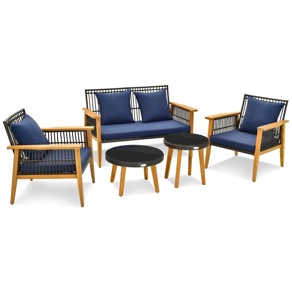 5-Piece Outdoor Conversation Set with 2 Coffee Tables, Acacia Wood Rattan Patio Furniture for Backyard, Poolside Garden