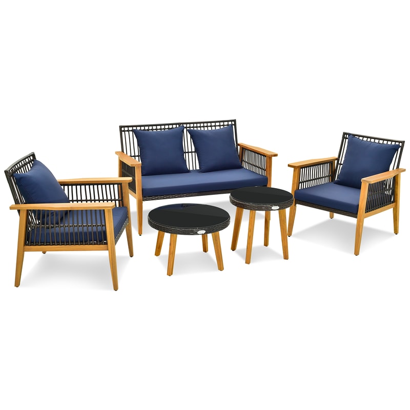 5-Piece Outdoor Conversation Set with 2 Coffee Tables, Acacia Wood Rattan Patio Furniture for Backyard, Poolside Garden