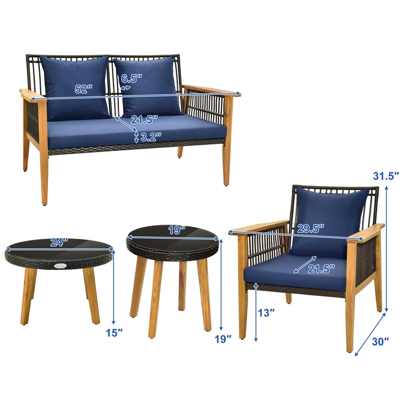 5-Piece Outdoor Conversation Set with 2 Coffee Tables, Acacia Wood Rattan Patio Furniture for Backyard, Poolside Garden