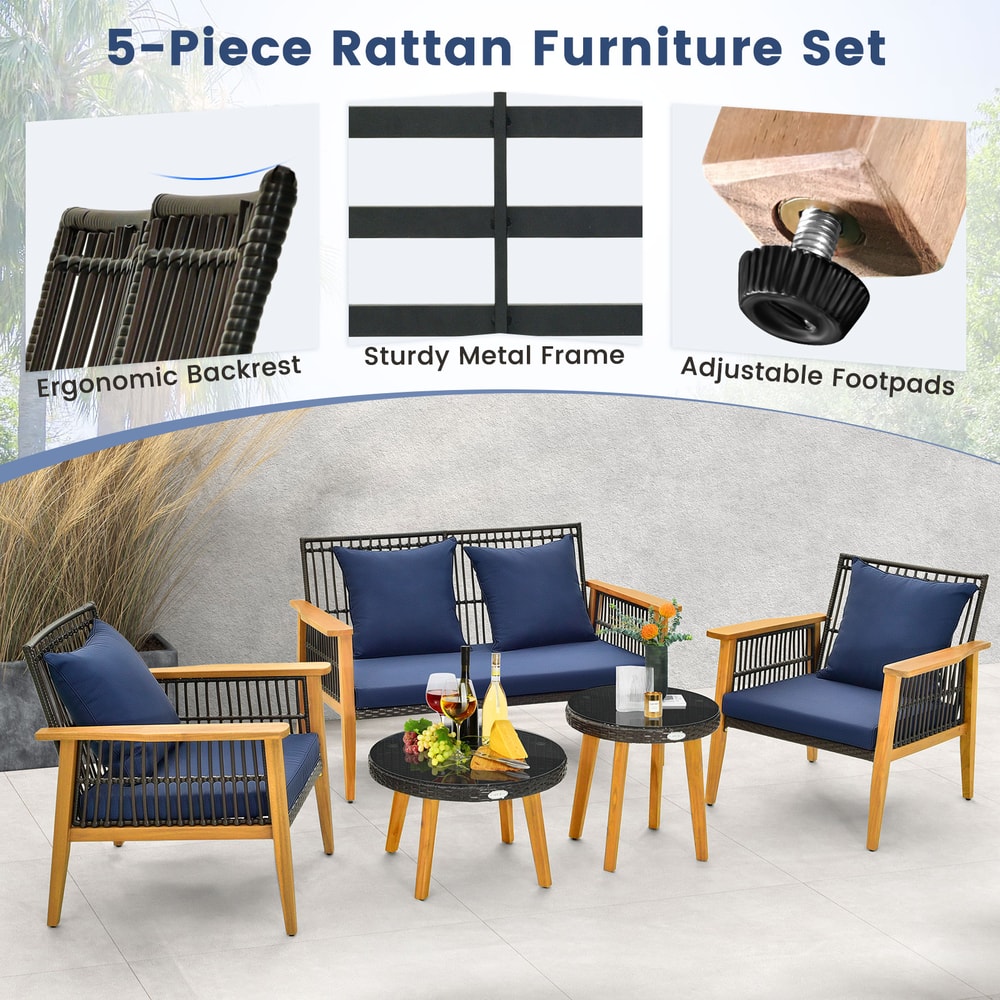5-Piece Outdoor Conversation Set with 2 Coffee Tables, Acacia Wood Rattan Patio Furniture for Backyard, Poolside Garden