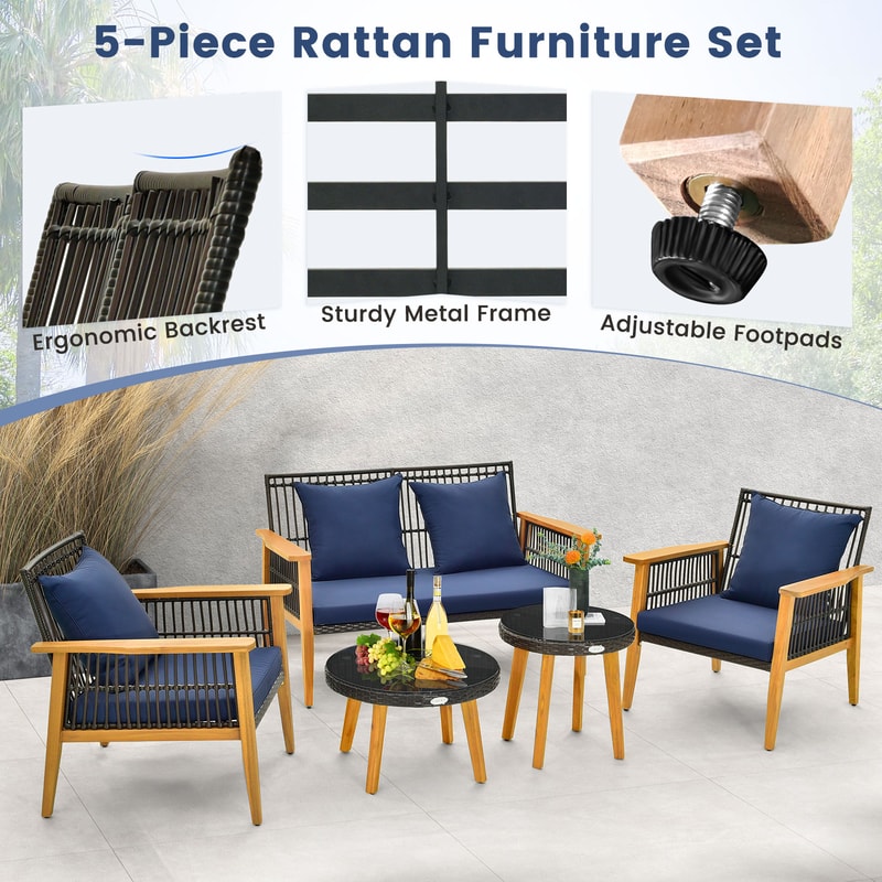 5-Piece Outdoor Conversation Set with 2 Coffee Tables, Acacia Wood Rattan Patio Furniture for Backyard, Poolside Garden