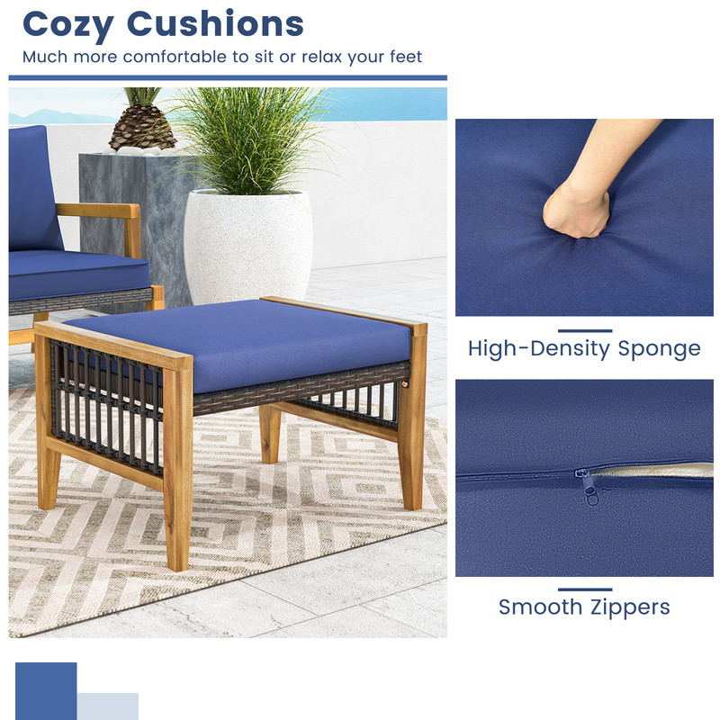 Patio Acacia Wood Ottomans with Cushions – Versatile Rattan Woven Footstools for Indoor & Outdoor Use