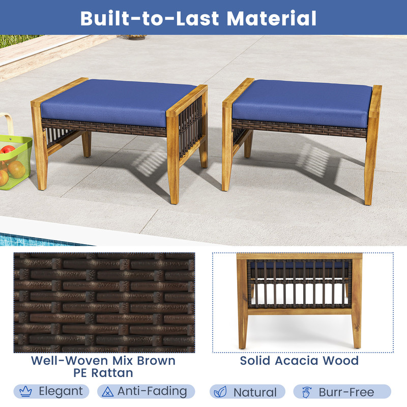 Patio Acacia Wood Ottomans with Cushions – Versatile Rattan Woven Footstools for Indoor & Outdoor Use