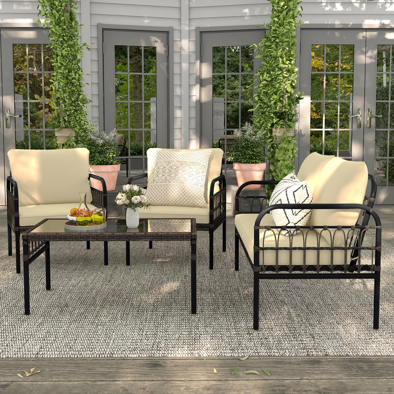 4-Piece Hand-Woven Rustproof Metal Frame Outdoor Wicker Conversation Bistro Set with Cushions & Glass Table