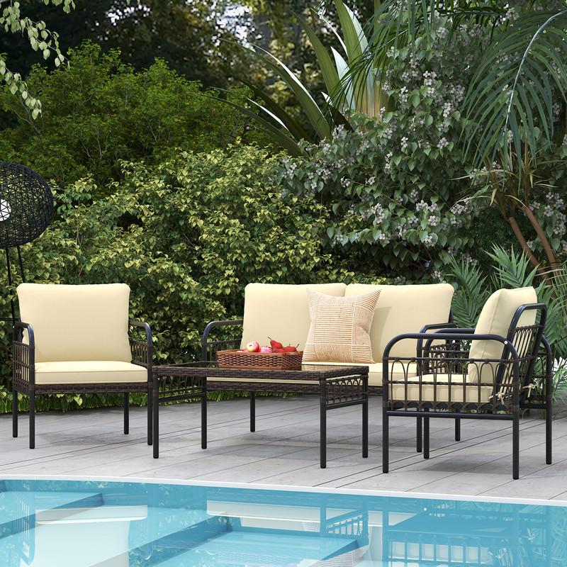 4-Piece Hand-Woven Rustproof Metal Frame Outdoor Wicker Conversation Bistro Set with Cushions & Glass Table