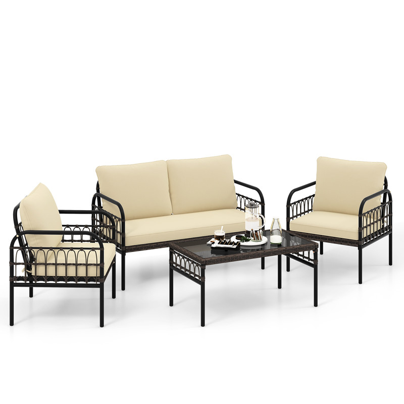 4-Piece Hand-Woven Rustproof Metal Frame Outdoor Wicker Conversation Bistro Set with Cushions & Glass Table