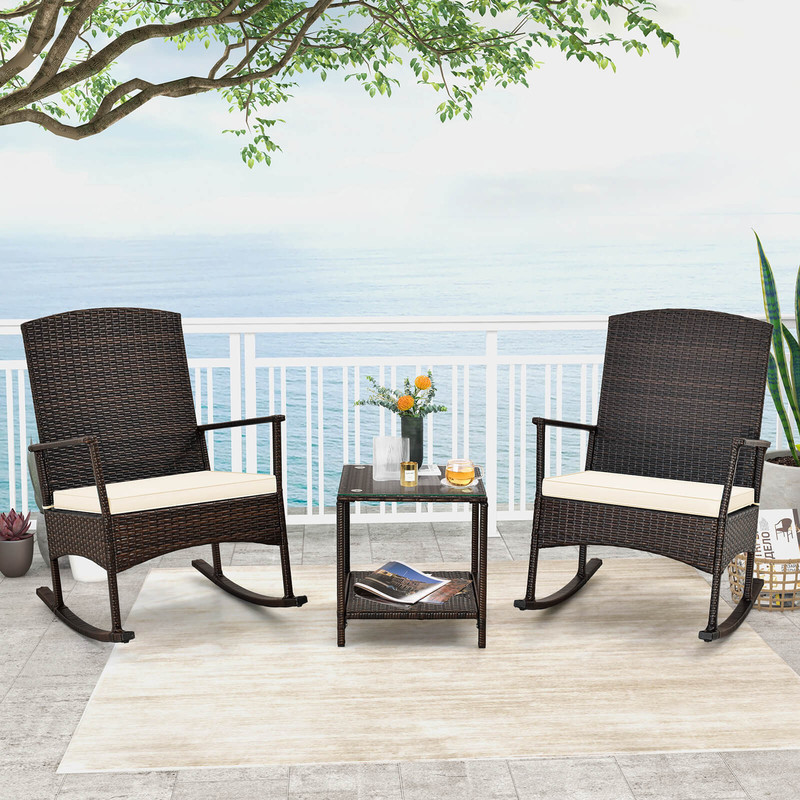 3-Piece Patio Rocking Set – Wicker Rocking Chairs with 2-Tier Coffee Table for Outdoor Relaxation